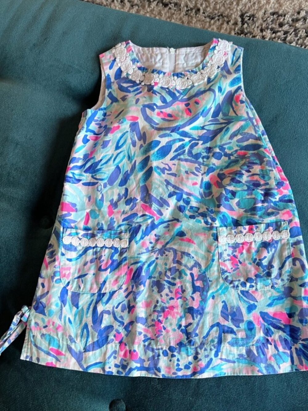 Lilly Pulitzer Girls Little Lilly Shift Dress Size 3 Blue Pink Print Lace Trim